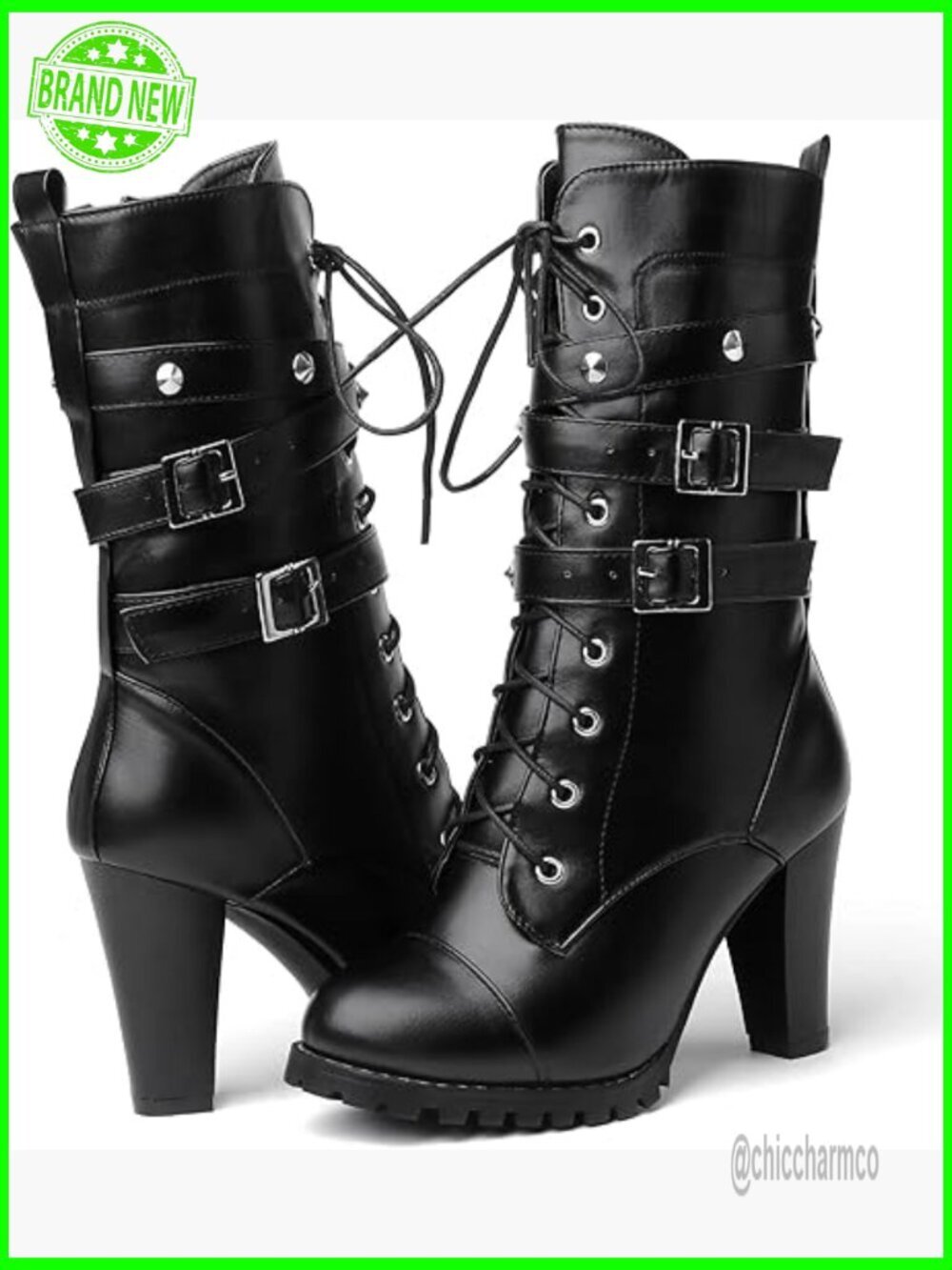 Sexy Round Toe Lace Up Platform High Heel Mid Calf Boots